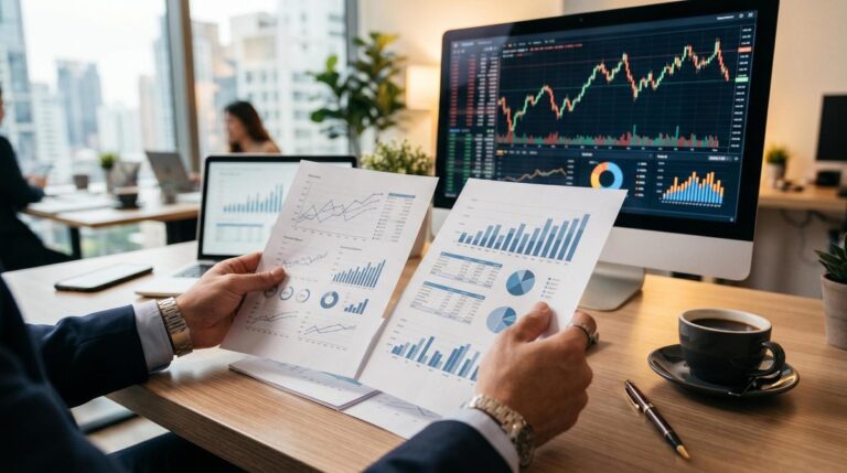 Persona analizando opciones de inversión en acciones ordinarias y preferenciales desde su computadora portátil