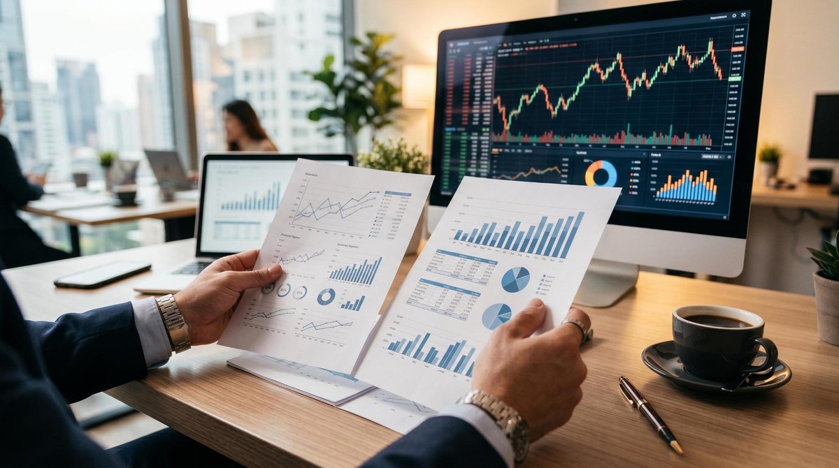 Persona analizando opciones de inversión en acciones ordinarias y preferenciales desde su computadora portátil
