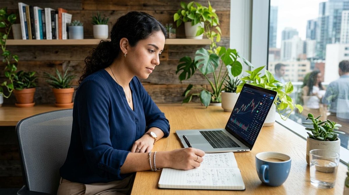 Persona joven analizando gráficos de inversión en una laptop mientras toma notas en un cuaderno, sentada en un espacio de trabajo moderno con luz natu