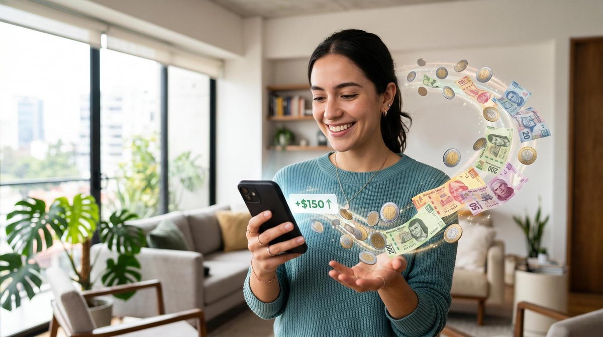 Persona revisando opciones de apps de cashback en su teléfono mientras sostiene una tarjeta de pago