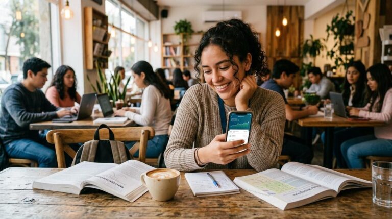 Persona joven revisando promociones estudiantiles en su celular con la app de Mercado Pago abierta