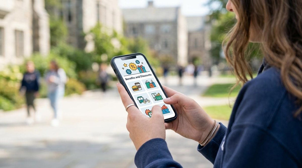 Manos de una persona joven sosteniendo un teléfono móvil mostrando una pantalla de beneficios y descuentos, con un entorno de campus universitario en