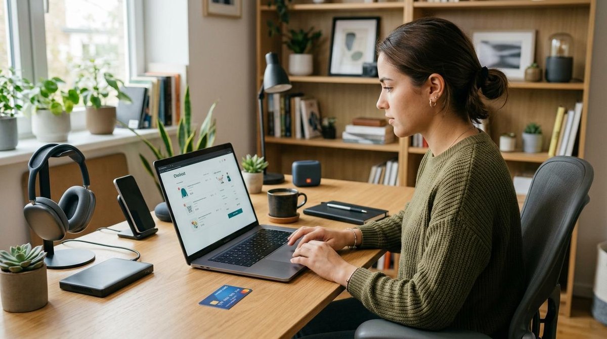 Una persona joven realizando una compra en línea desde su laptop en un escritorio ordenado, con una tarjeta débito sobre la mesa y varios productos te