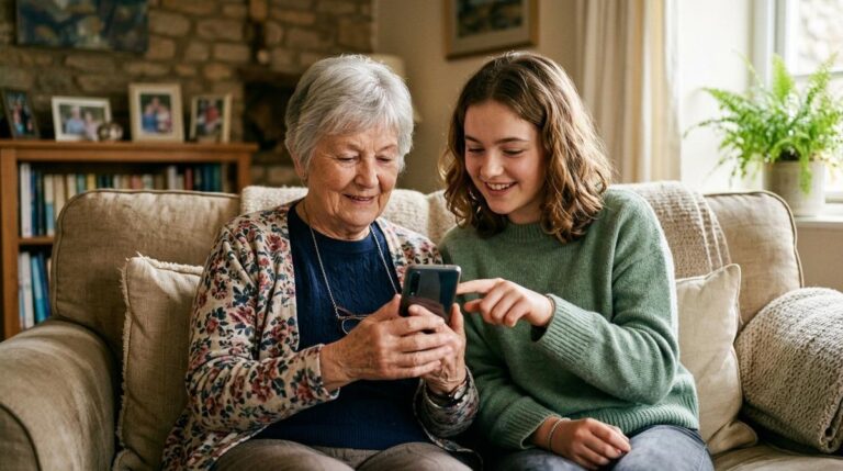 Persona mayor aprendiendo a usar una app financiera en su celular con la guía de un familiar