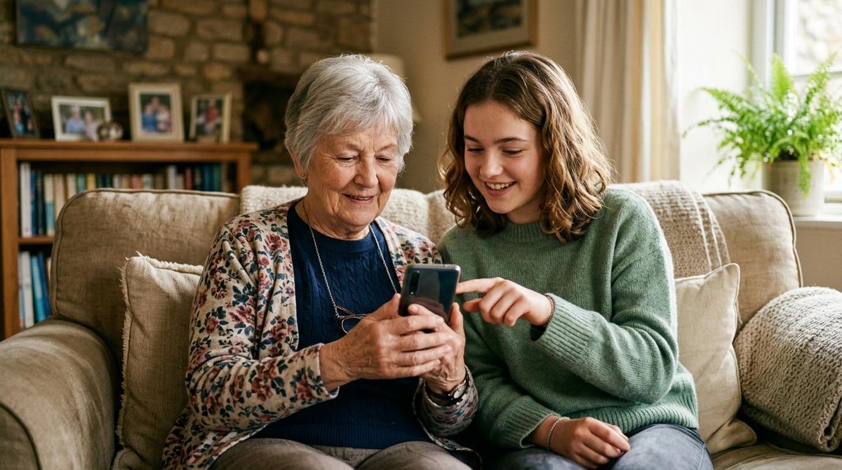 Persona mayor aprendiendo a usar una app financiera en su celular con la guía de un familiar