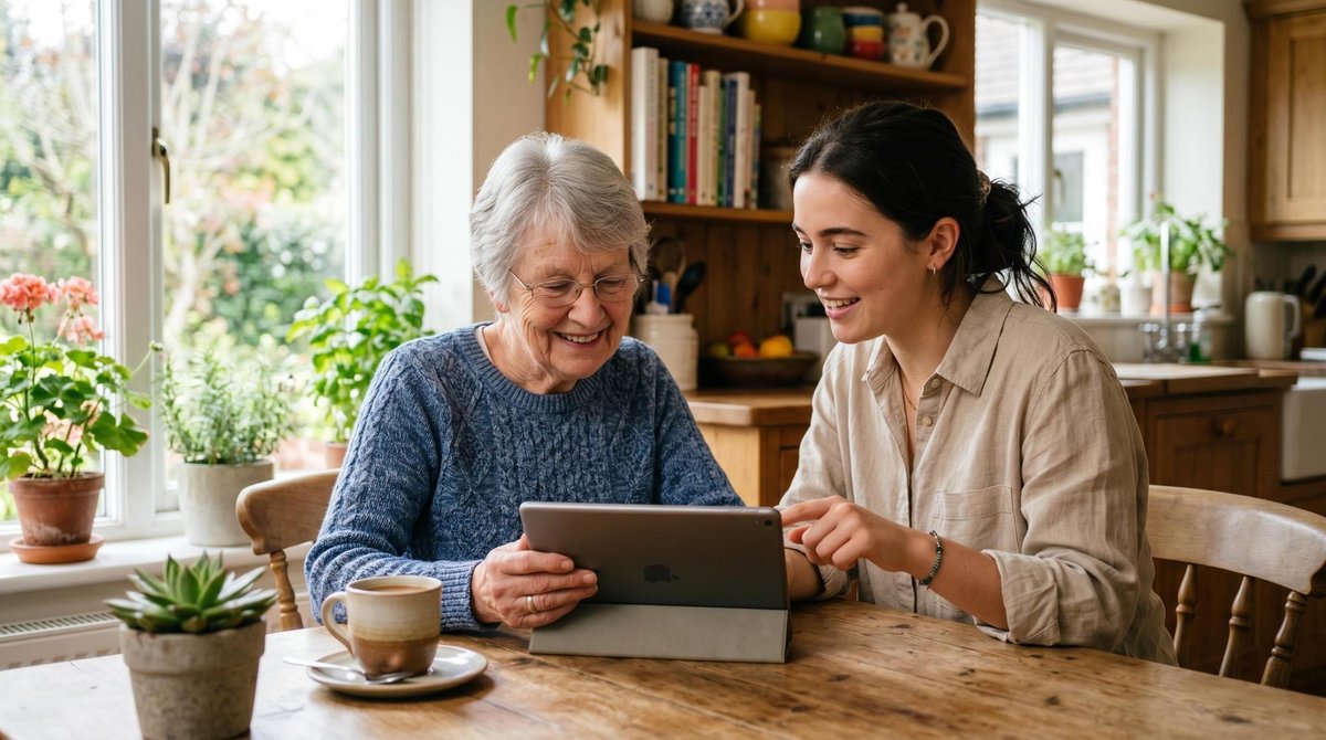 Una persona mayor y un adulto joven comparten una tablet en una mesa de cocina luminosa, con expresiones relajadas y actitud de aprendizaje colaborati
