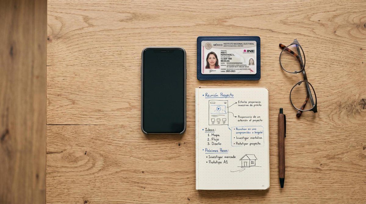 Vista superior de una superficie de madera clara con un teléfono celular, una identificación oficial mexicana, una libreta con apuntes y unos lentes d