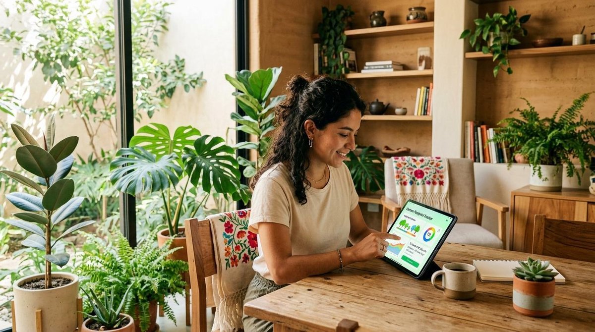 Persona revisando su consumo energético en una tablet para calcular su huella de carbono