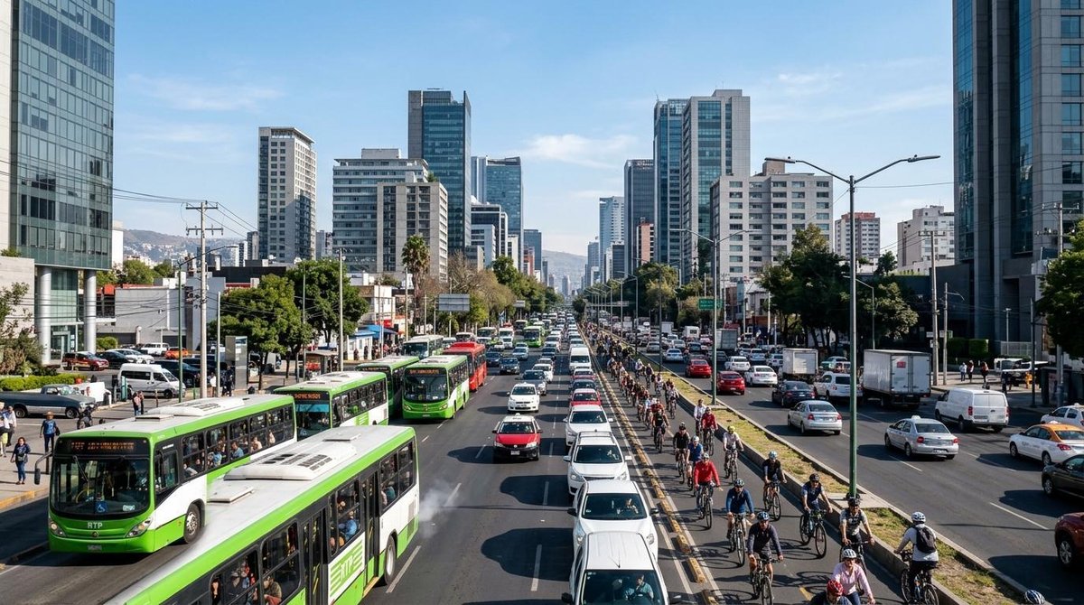 Vista panorámica de una calle urbana de México con transporte público, ciclistas y edificios modernos bajo un cielo despejado, representando las princ
