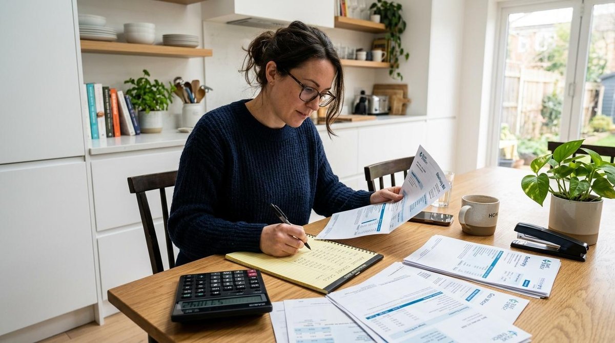 Una persona organiza recibos de luz y facturas de servicios sobre una mesa de cocina moderna con una calculadora y una libreta, preparando la informac
