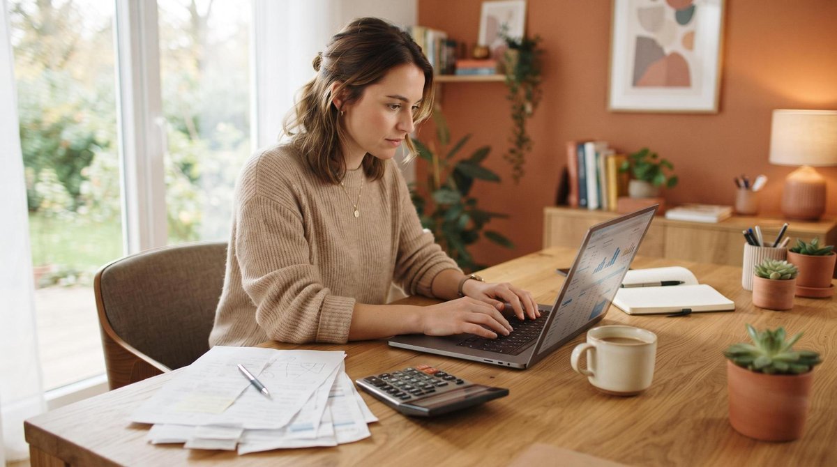 Persona revisando su declaración de ingresos del exterior en una laptop con documentos fiscales sobre el escritorio