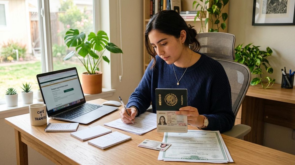 Persona revisando su pasaporte mexicano y documentos oficiales frente a una computadora portátil, en un escritorio organizado con plantas decorativas