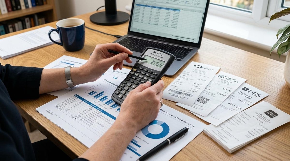 Manos de una persona utilizando una calculadora financiera junto a recibos de pagos internacionales en diferentes monedas y documentos impresos sobre