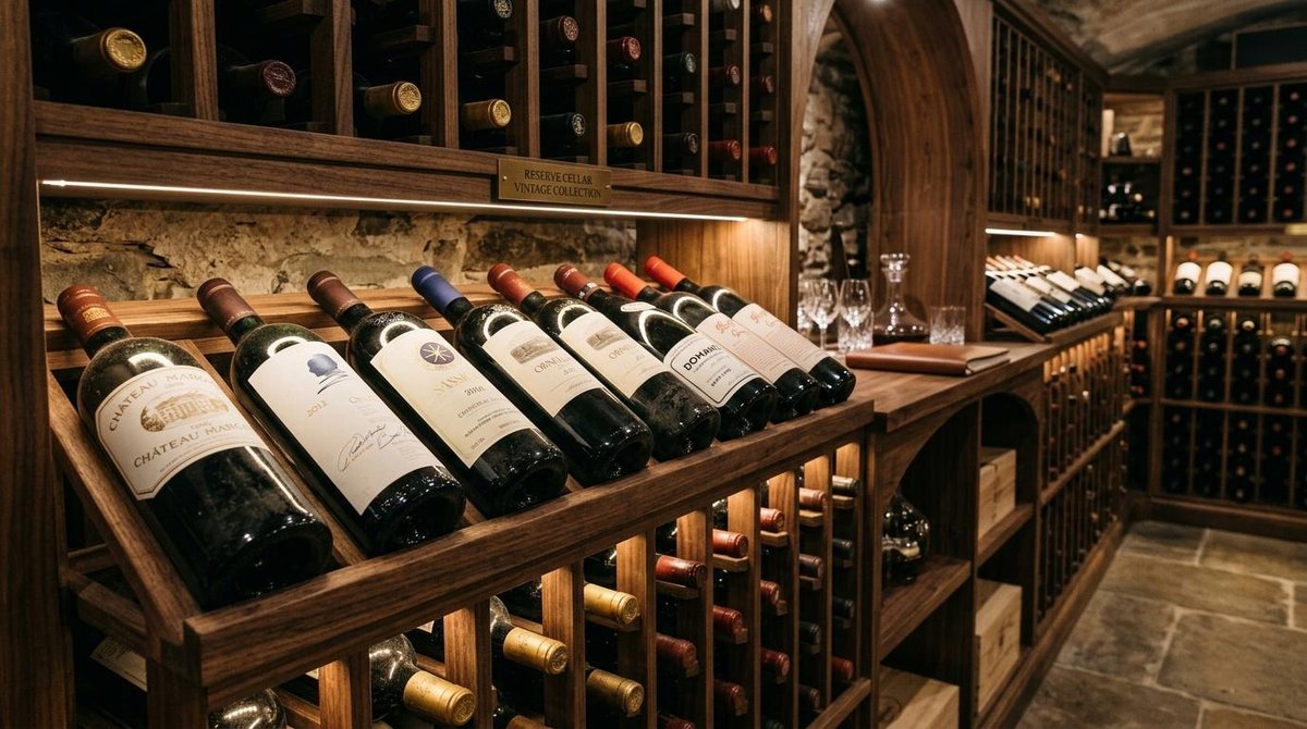 Persona examinando una botella de vino tinto en una bodega especializada, evaluando su potencial como inversión alternativa