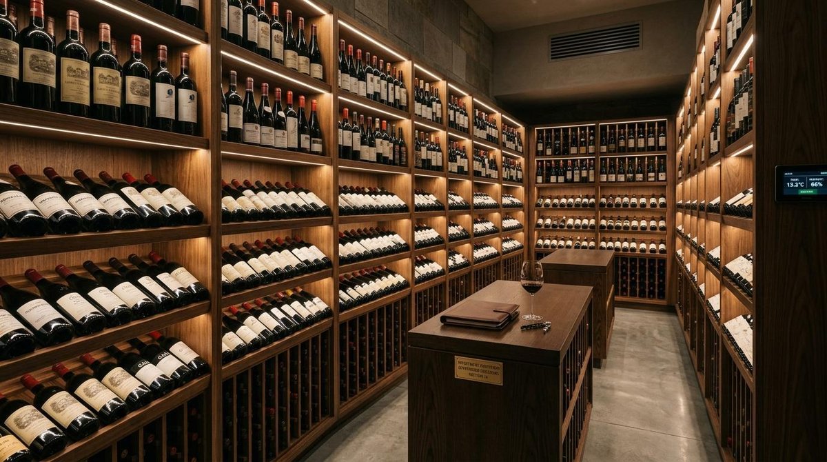 Estanterías de madera llenas de botellas de vino alineadas perfectamente en una cava climatizada moderna, representando el almacenamiento seguro y la