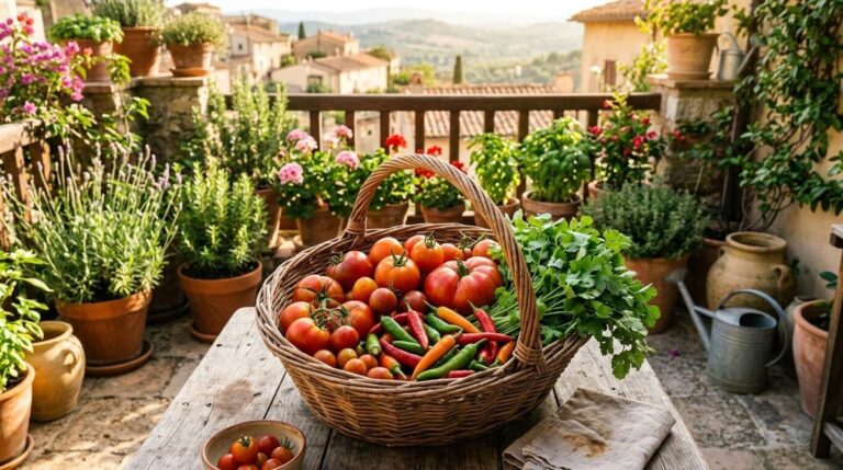 Persona trasplantando plántulas de jitomate en macetas sobre una terraza urbana para cultivar alimentos en casa
