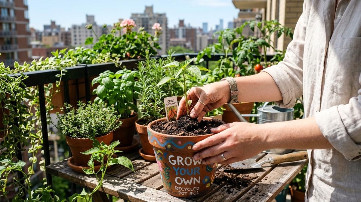 Manos plantando una pequeña plántula de chile en una maceta reciclada sobre un balcón soleado, representando el inicio de un huerto casero con materia