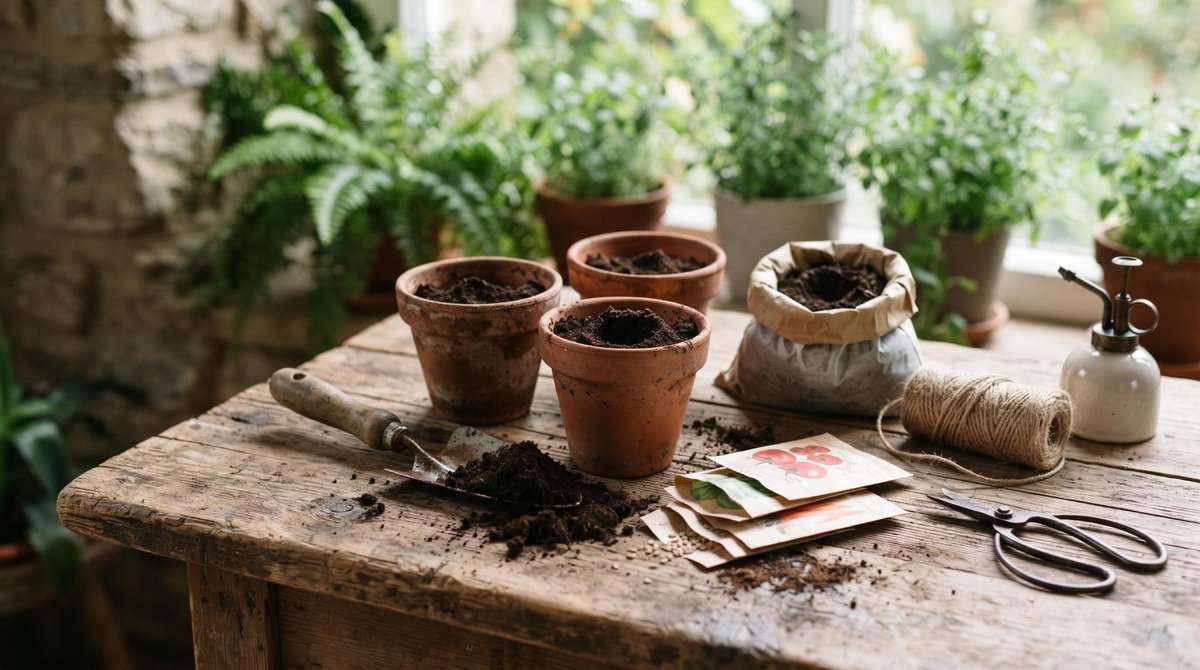 Arreglo de herramientas básicas de jardinería como tierra, semillas, una pala pequeña y macetas de barro sobre una mesa de madera rústica, listo para