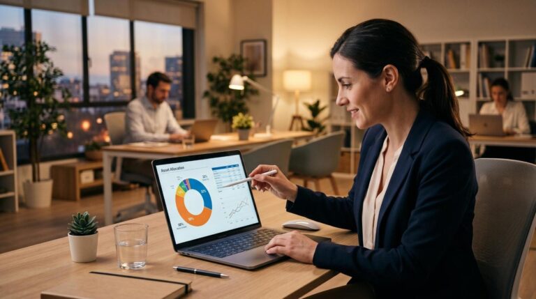 Persona revisando gráficas de asignación de activos en una laptop para rebalancear su portafolio de inversión personal