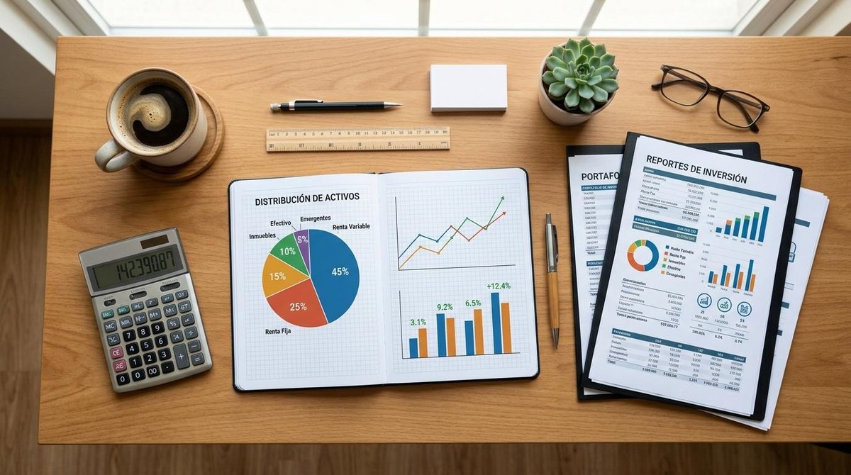 Vista superior de un escritorio organizado con documentos financieros, gráficos circulares de distribución de activos y una calculadora junto a una ta