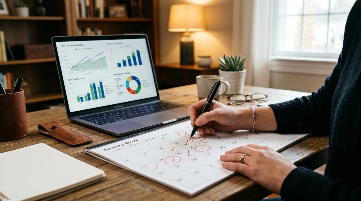 Manos de una persona marcando fechas importantes en un calendario financiero junto a una laptop con gráficos de portafolio, ilustrando la planificació