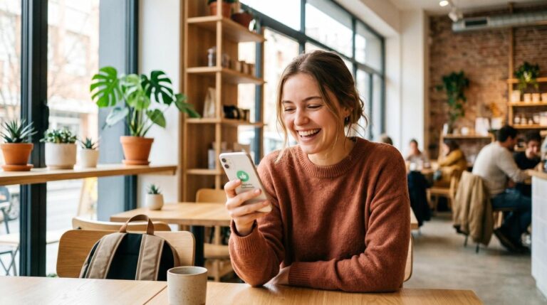 Persona joven revisando el saldo de su cuenta digital en un teléfono celular para confirmar que recibió su primera mesada