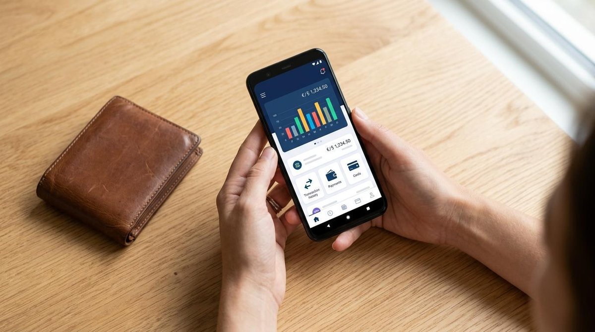 Vista superior de manos sosteniendo un smartphone mostrando una aplicación de banca digital en la pantalla, junto a una billetera sobre una superficie