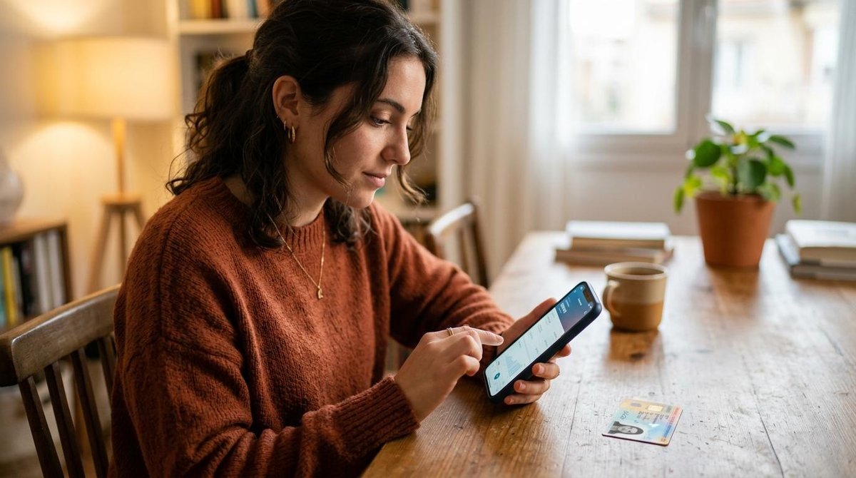 Primer plano de una persona joven utilizando su teléfono móvil para consultar los datos de su cuenta bancaria, con un documento de identificación ofic