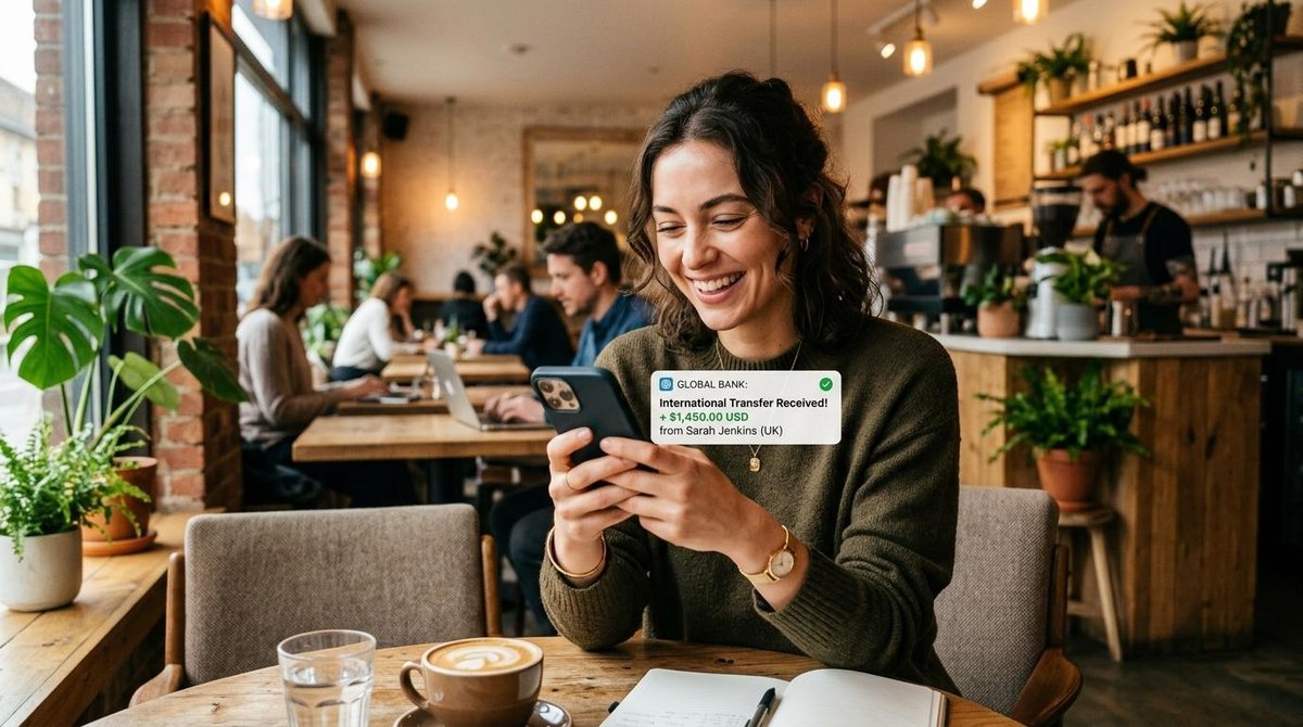 Persona sonriendo mientras revisa una notificación de transferencia internacional en su smartphone, sentada en un café moderno con tonos cálidos y un
