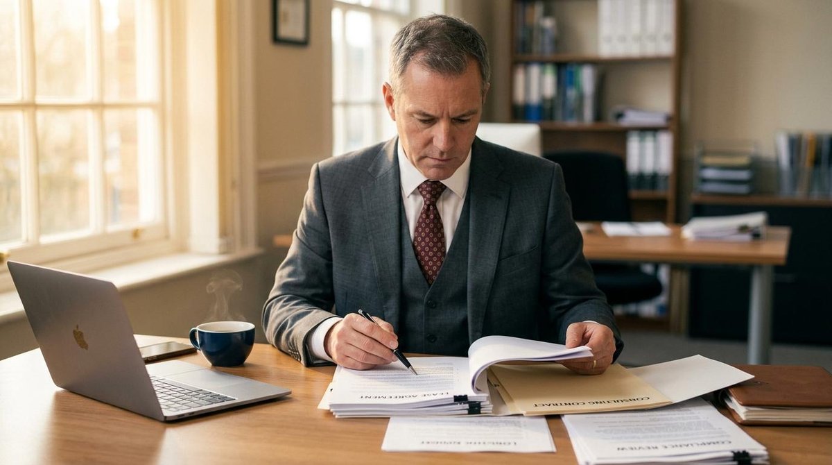 Hombre de negocios revisando documentos legales y contratos en un escritorio limpio, acompañado de una laptop y una taza de café, con luz natural cáli