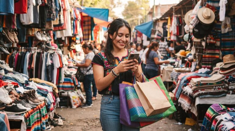 Persona revisando muebles usados en un bazar al aire libre mientras evalúa el estado del producto antes de comprarlo