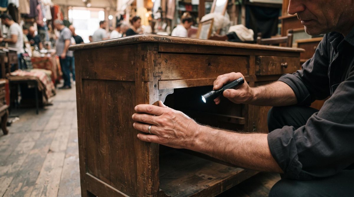 Manos de una persona inspeccionando detalladamente un mueble de madera en un bazar local, verificando la estructura y el estado general mientras sosti