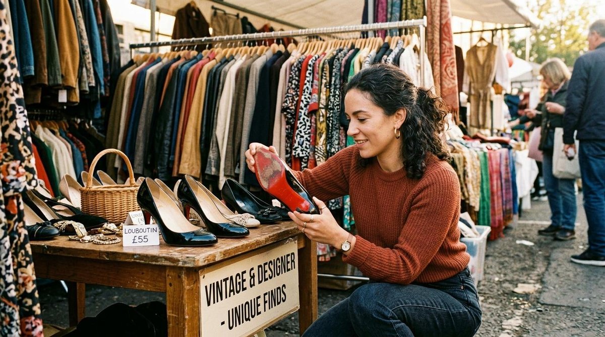 Una mujer examinando cuidadosamente un par de zapatos de marca en un puesto de ropa usada, girando el calzado para revisar el desgaste de las suelas,