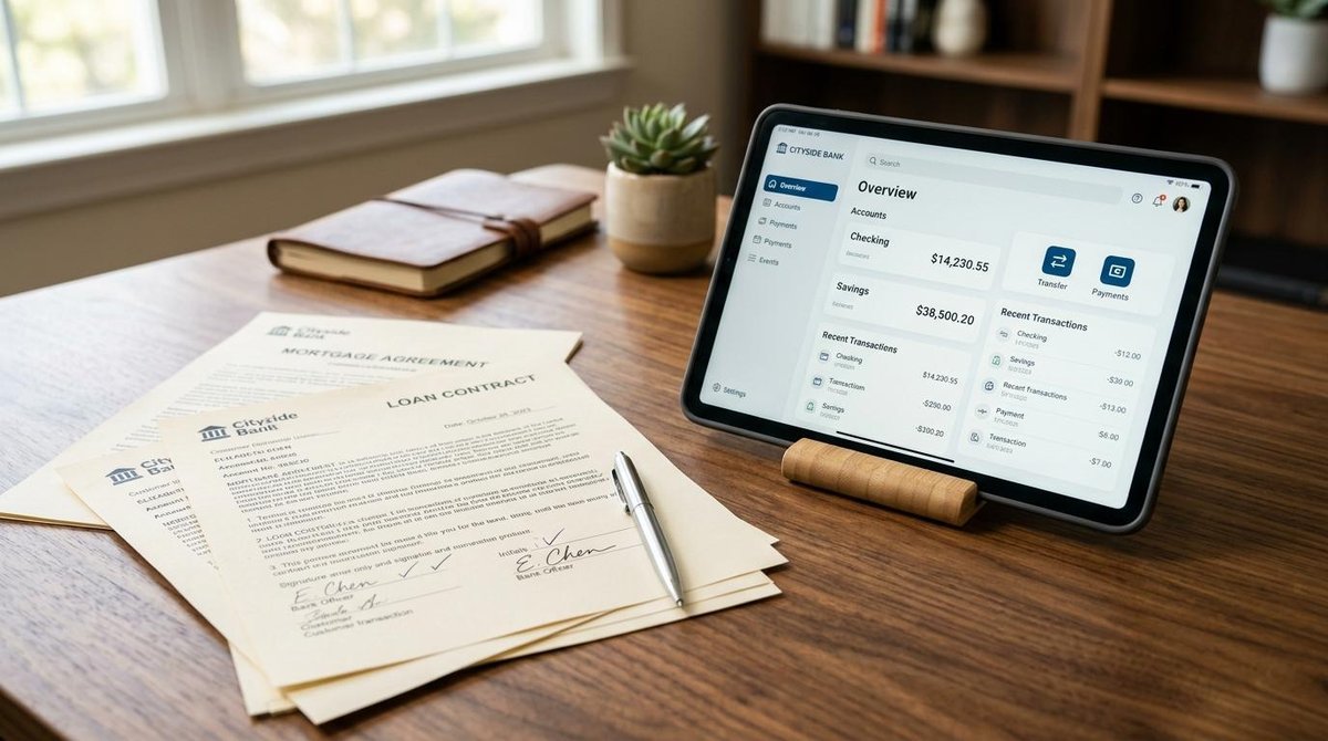 Primer plano de documentos bancarios y contratos sobre un escritorio de madera, junto a una tablet que muestra interfaces de banca digital, con ilumin
