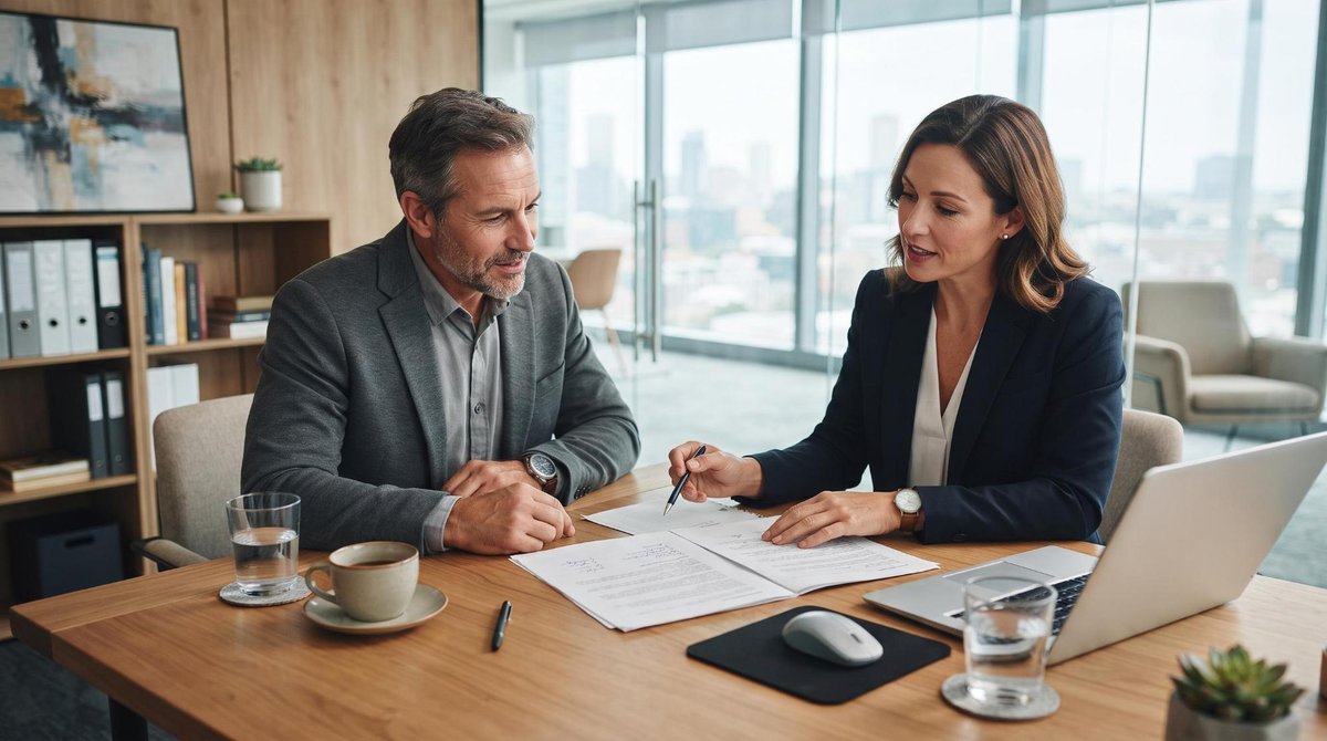Una persona consultando con un asesor financiero en una oficina moderna, revisando documentos legales sobre una mesa con computadora y café, ambiente