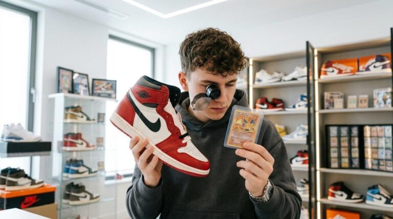 Persona joven examinando detenidamente un par de zapatillas exclusivas mientras sostiene una carta coleccionable de Pokémon, en un espacio bien ilumin
