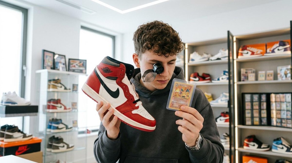 Persona joven examinando detenidamente un par de zapatillas exclusivas mientras sostiene una carta coleccionable de Pokémon, en un espacio bien ilumin