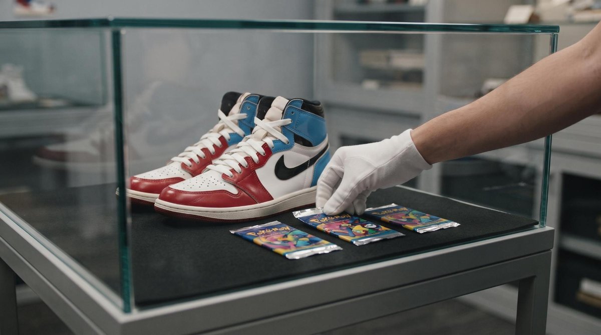 Vista de cerca de una vitrina de cristal con zapatillas de marca y sobres de cartas coleccionables sellados, organizados meticulosamente con guantes d