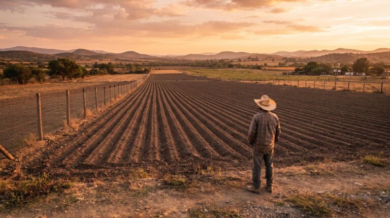 Persona revisando documentos sobre inversión en tierra agrícola en una mesa de trabajo