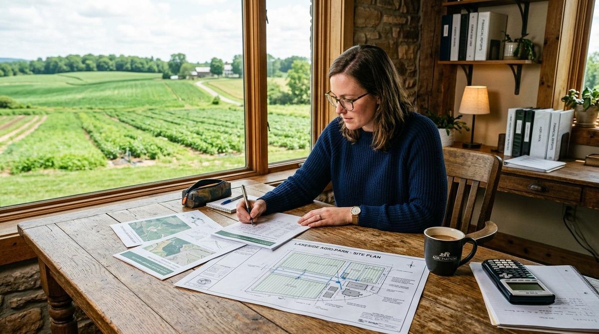 Persona revisando documentos y planos sobre una mesa de madera rústica junto a una taza de café y un cálculo, con un campo agrícola verde visible por