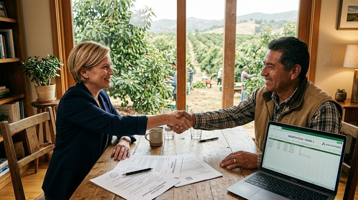 Manos de dos personas estrechándose sobre una mesa con documentos de contrato y una computadora portátil, con un cultivo de aguacate visible por la ve