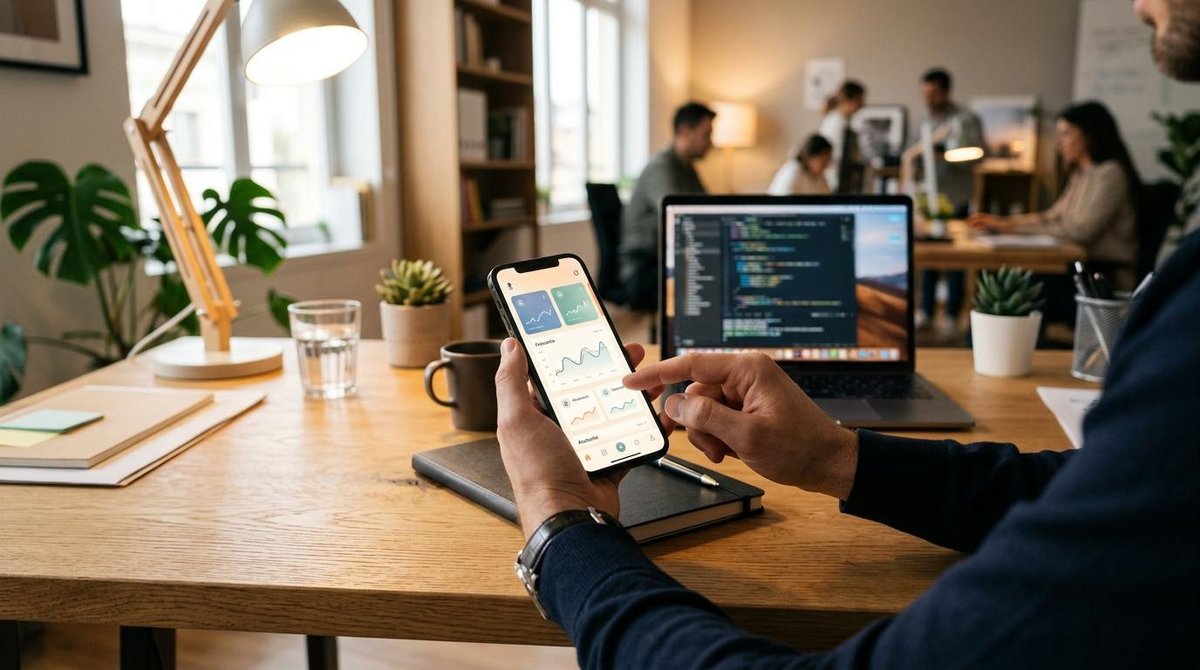Persona utilizando un smartphone sobre una mesa de trabajo con una laptop al fondo, mostrando una interfaz de aplicación financiera limpia e intuitiva,