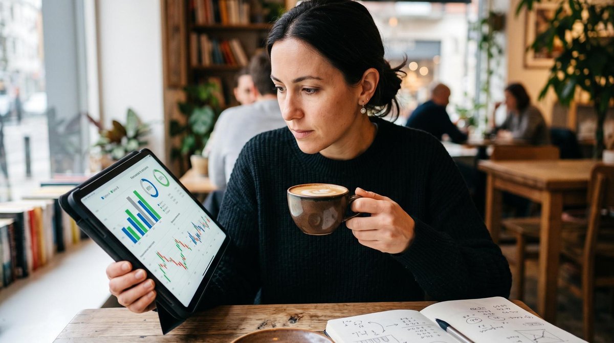 Primer plano de una persona analizando información financiera en una tablet mientras sostiene una taza de café.