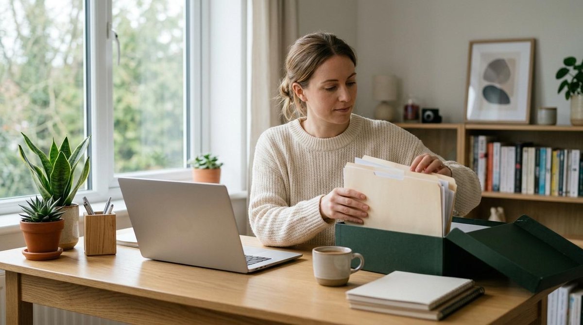 Una persona organizando documentos financieros junto a una laptop abierta en un escritorio limpio y ordenado, con plantas decorativas y ambiente tranq