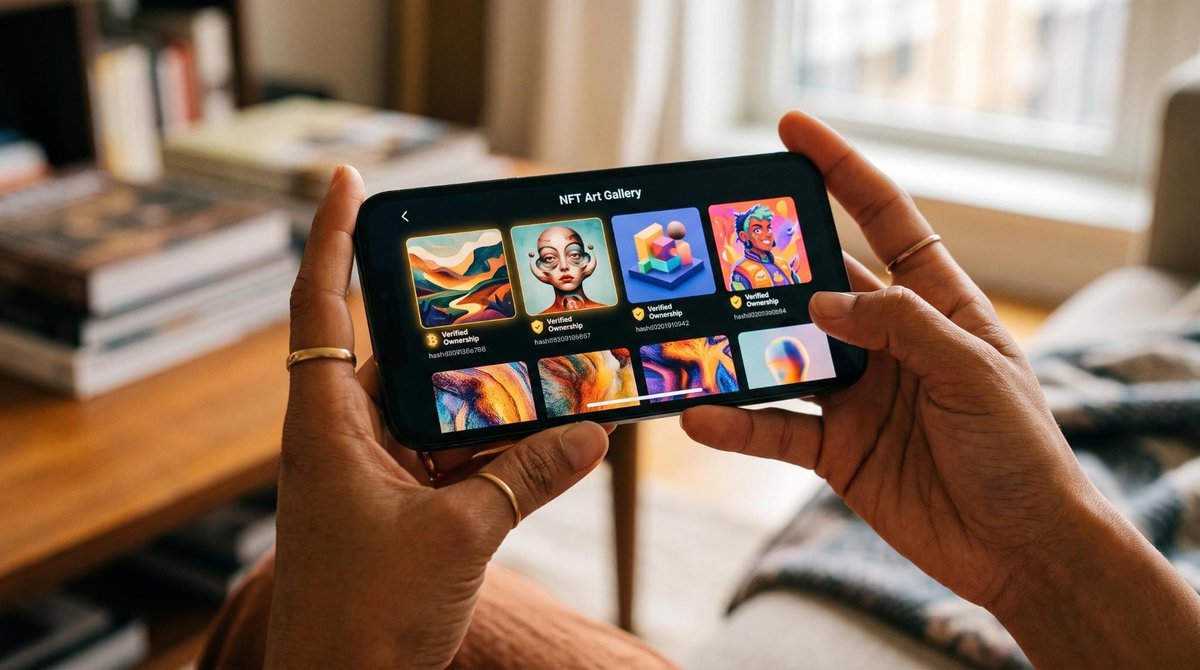 Manos sosteniendo un smartphone que muestra una colección de arte digital único, con elementos visuales que sugieren autenticidad y propiedad digital.