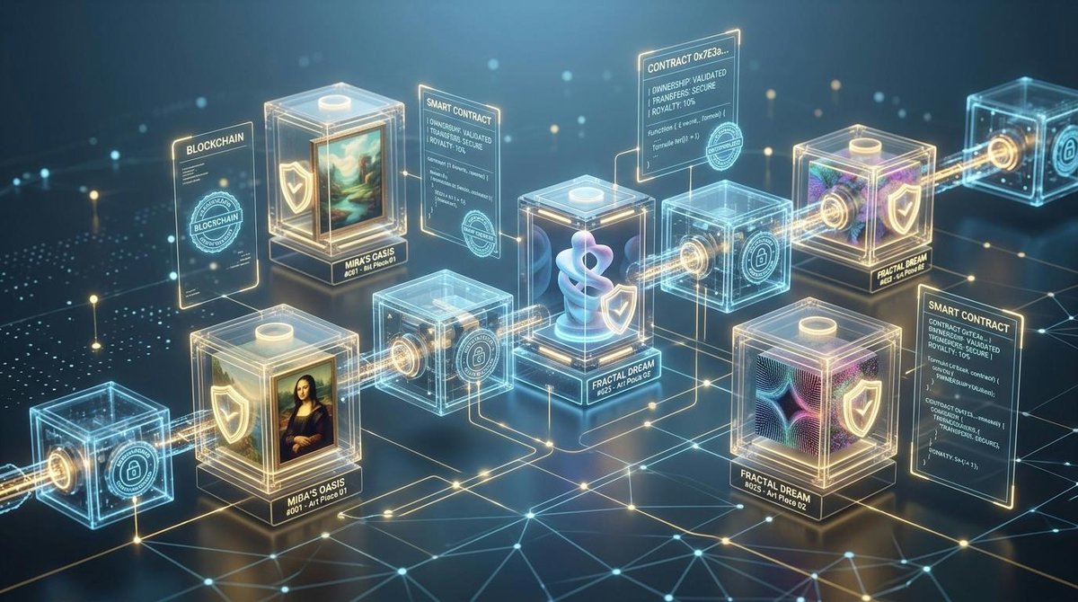 Visualización conceptual de bloques interconectados que resguardan obras de arte digital, representando la tecnología blockchain y los contratos inteligentes.
