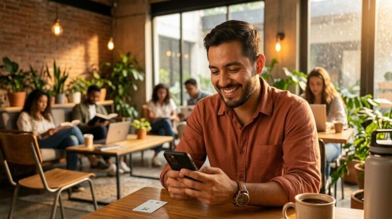 Persona joven revisando su primera cuenta digital en el celular mientras aprende a gestionar su dinero