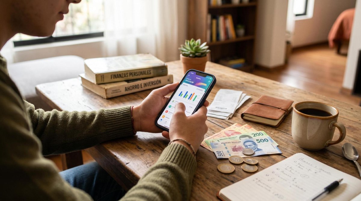 Manos de una persona joven utilizando una aplicación financiera en su smartphone mientras organizan sus primeros ingresos sobre una mesa con libros y