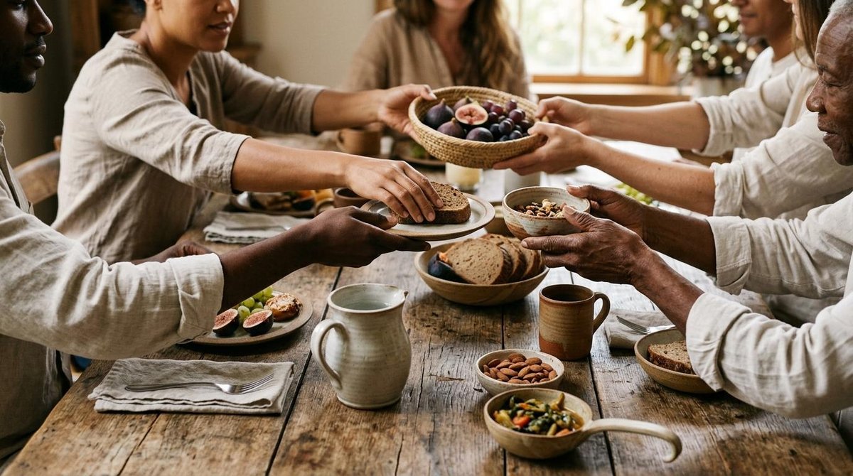 Manos de distintas personas compartiendo alimentos y objetos cotidianos sobre una mesa de madera rústica, simbolizando generosidad y reciprocidad sin