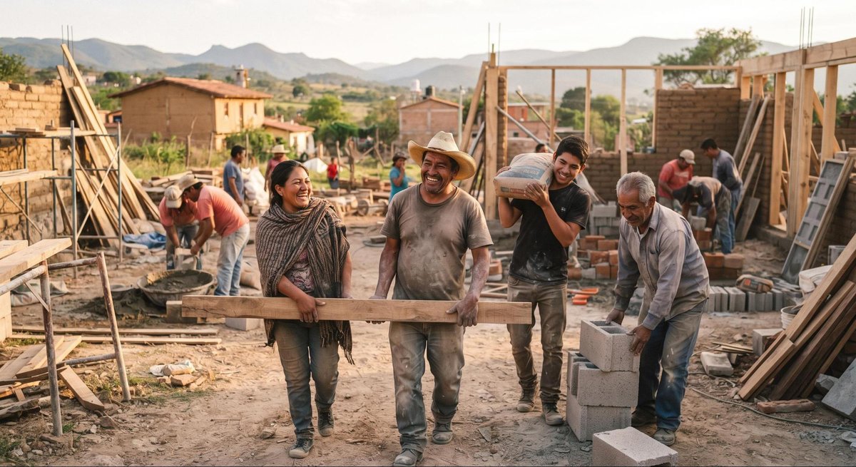 Grupo de personas trabajando juntos en la construcción de un espacio comunitario en un pueblo rural mexicano, cargando materiales y colaborando con en